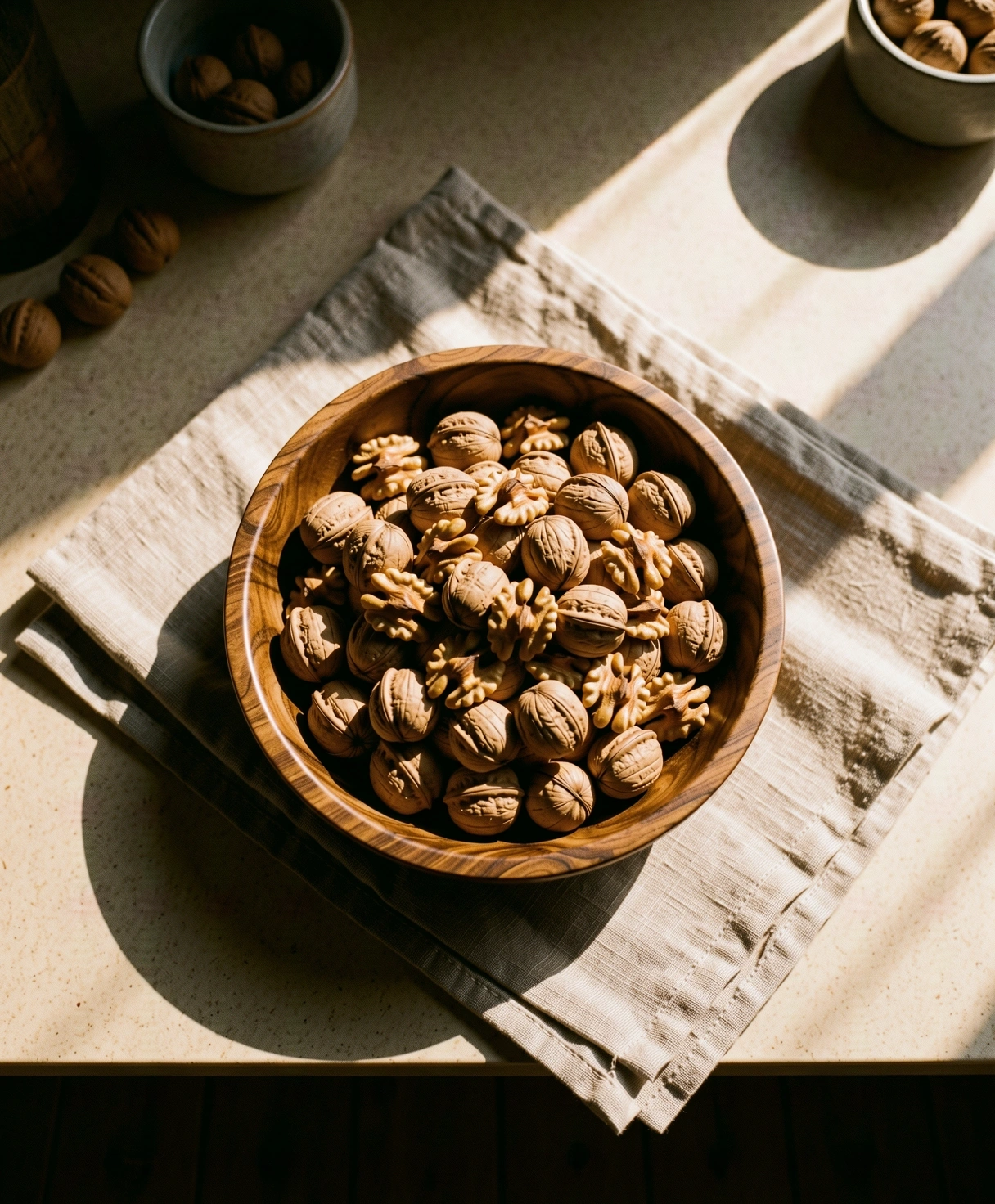 Nature morte artisanale : noix et lumière d'or